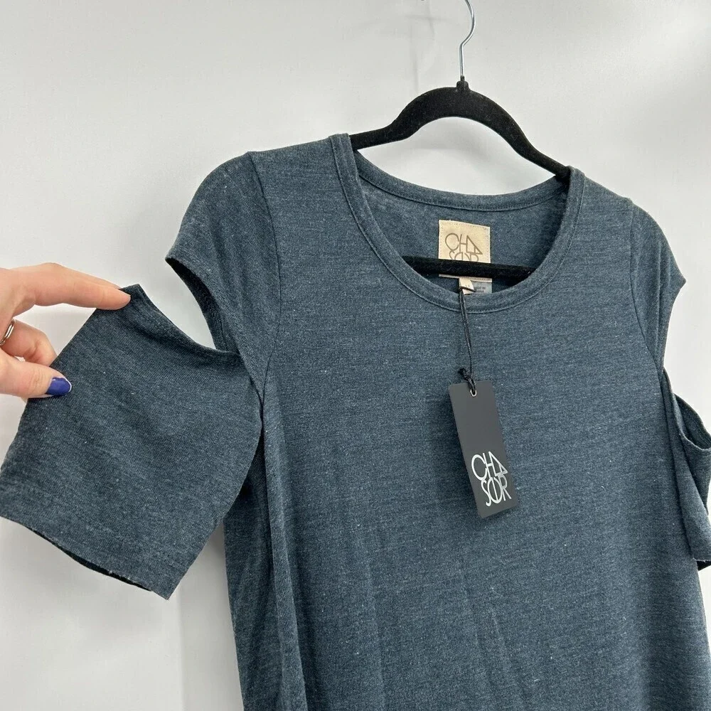 NWT CHASER Dark Gray Blue Cold Shoulder Cut Out Slub T-Shirt Size Medium - Picture 3 of 4